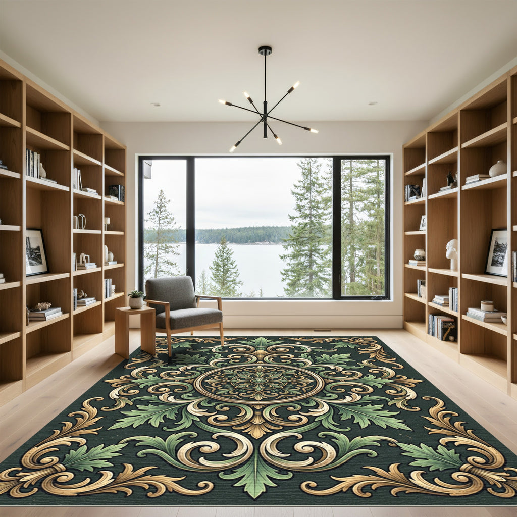 Ornate Olive Green Damask Medallion Rug