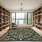 Ornate Olive Green Damask Medallion Rug