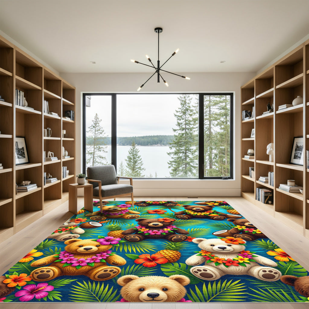 Tropical Teddy Bear Hibiscus Pineapple Illustration Rug