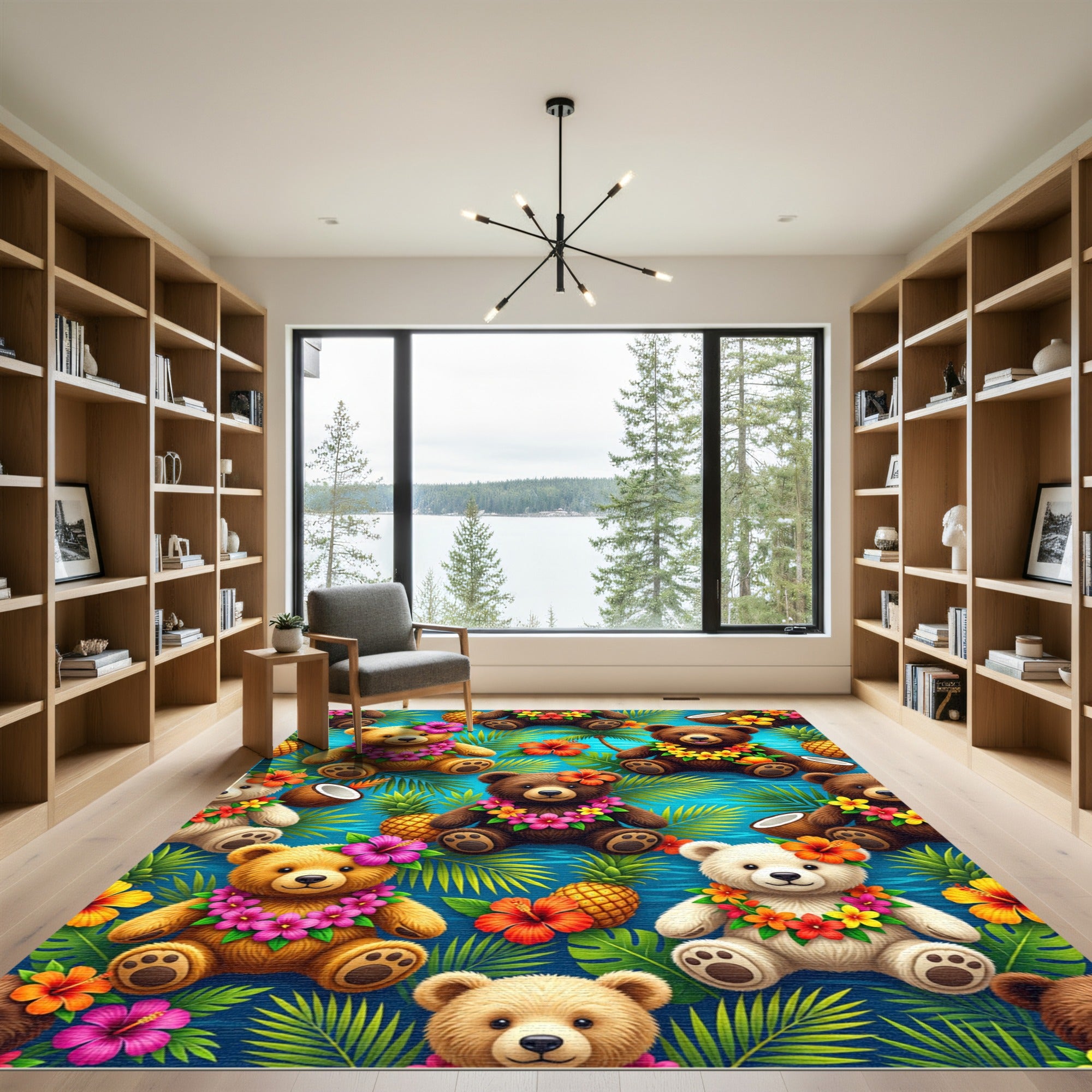 Tropical Teddy Bear Hibiscus Pineapple Illustration Rug