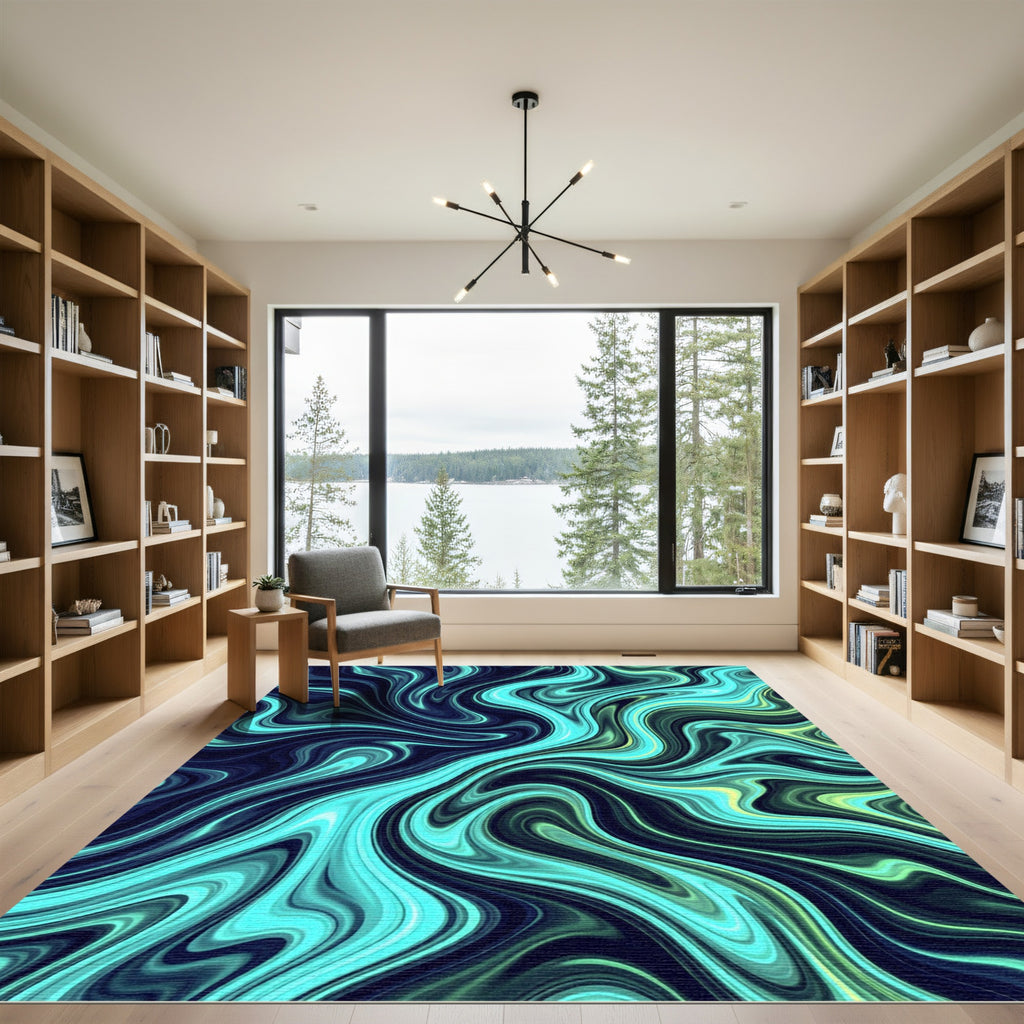 Modern Teal and Lime Swirling Marble Rug