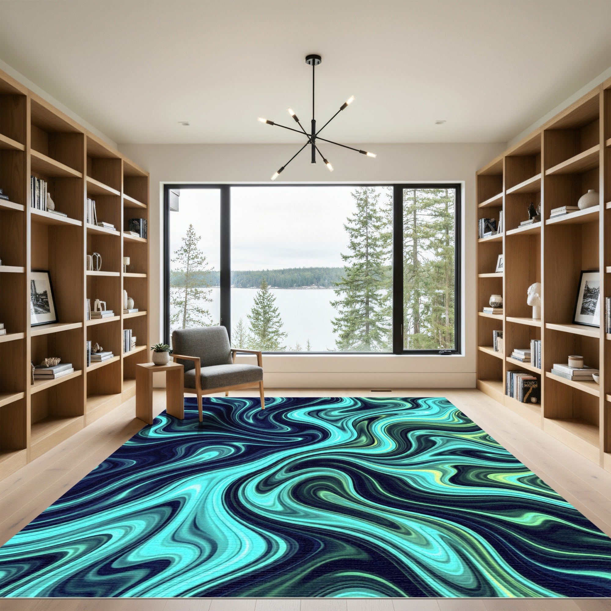 Modern Teal and Lime Swirling Marble Rug