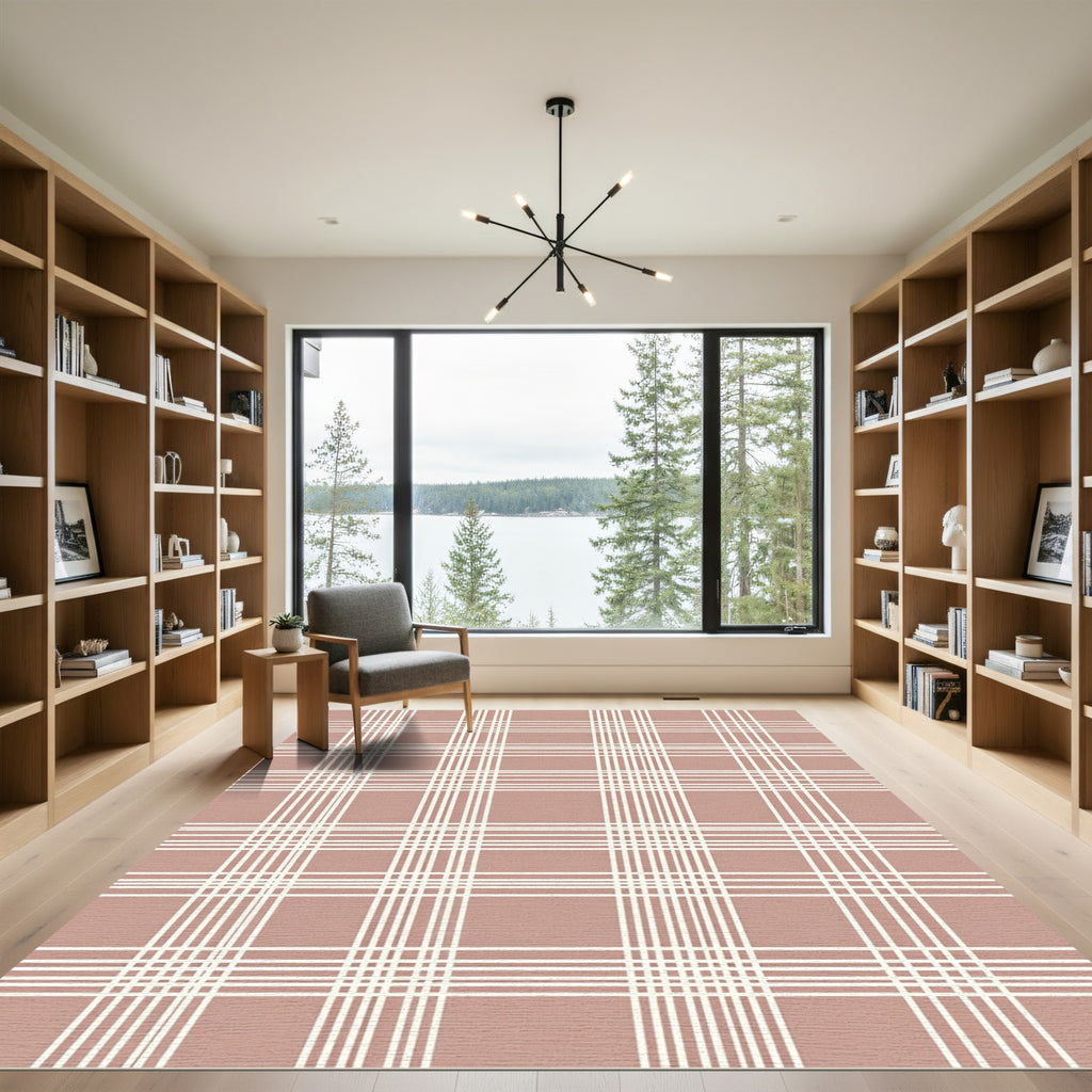 Soft Pink White Plaid Grid Rug