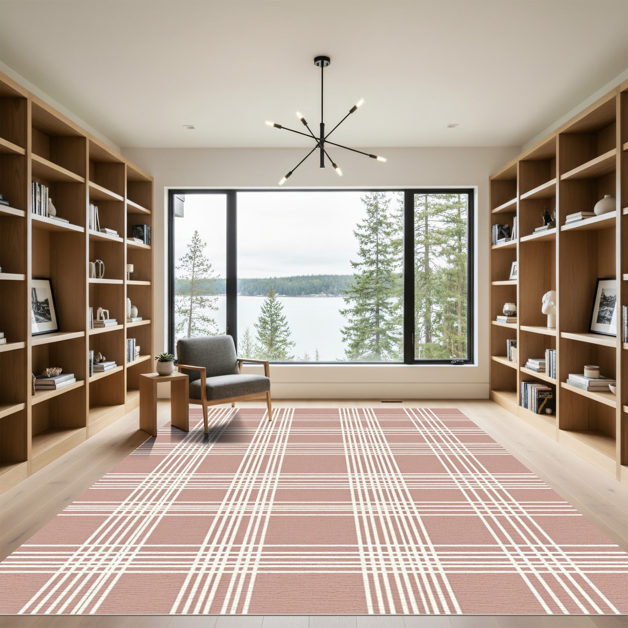 Soft Pink White Plaid Grid Rug