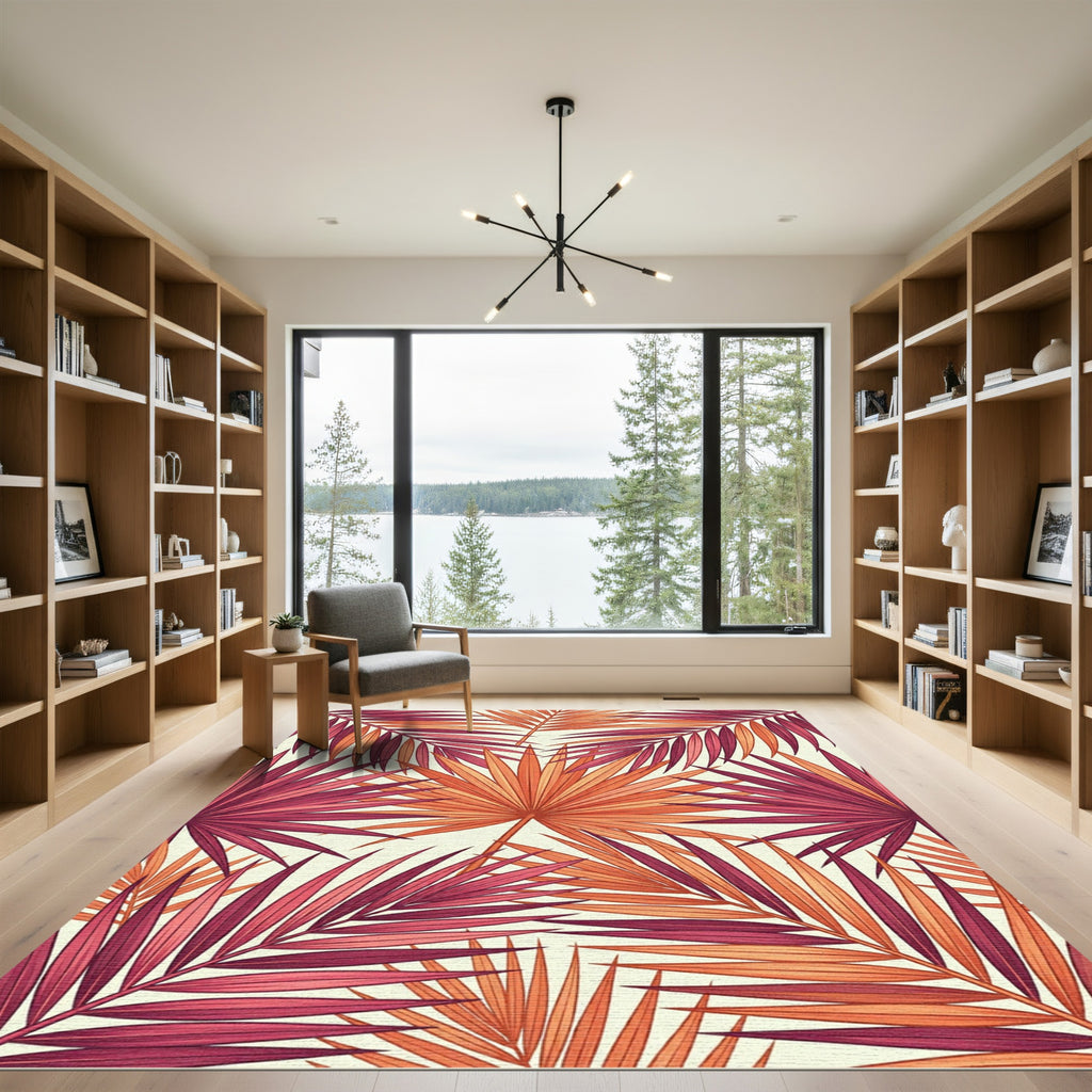 Vibrant Coral Palm Frond Tessellations Rug