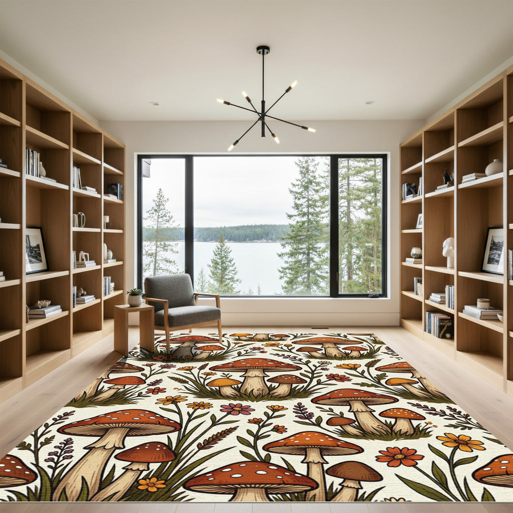 Whimsical Forest Mushroom and Wildflower Meadow Rug