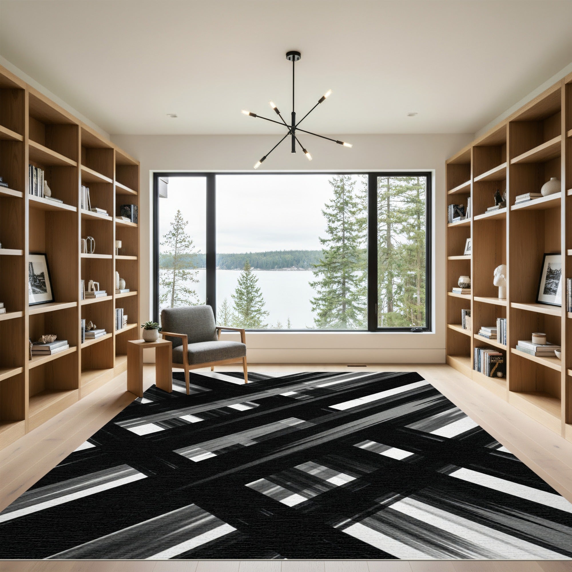 Black White Intersecting Stripe Lines Rug