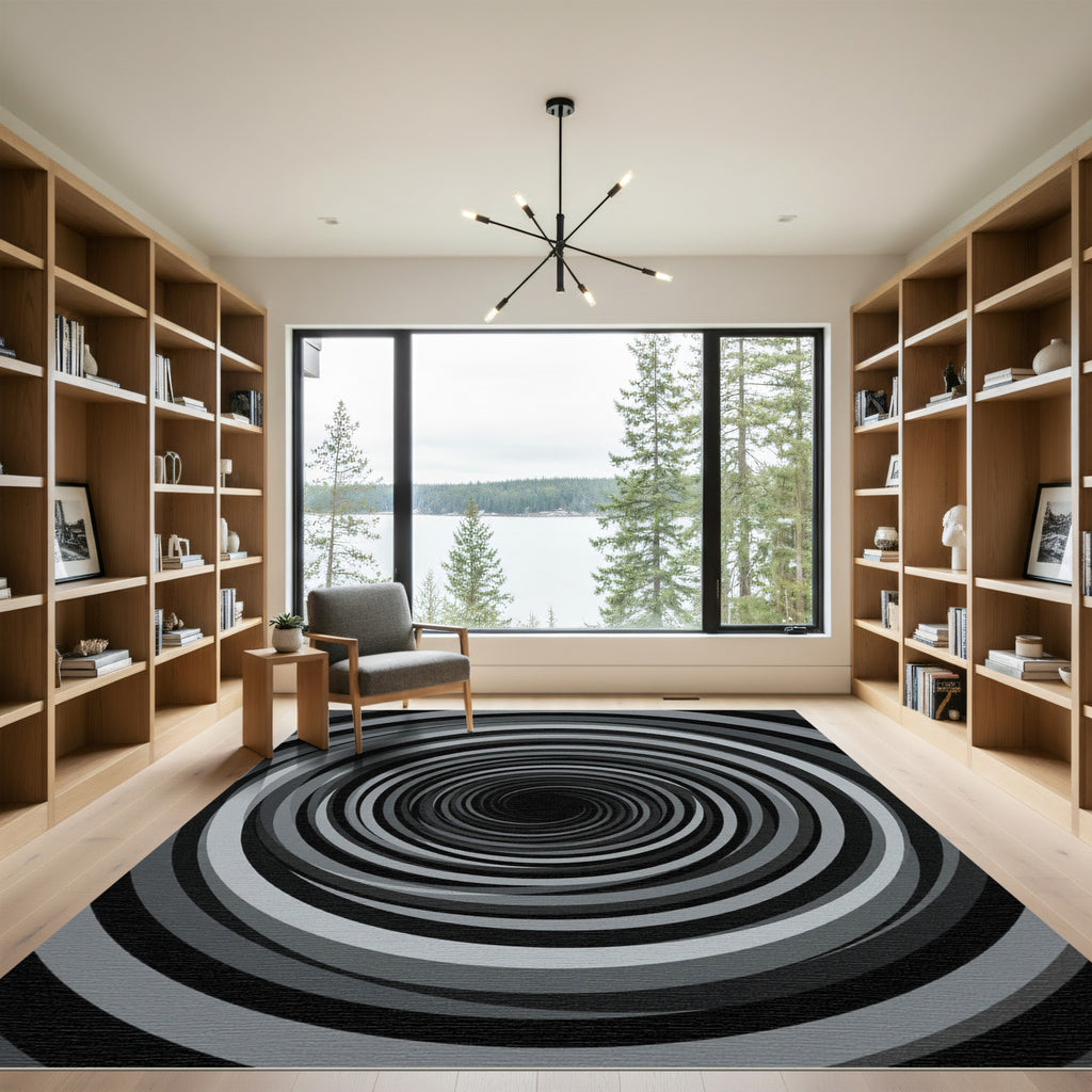 Modern Monochrome Hypnotic Swirl Rug