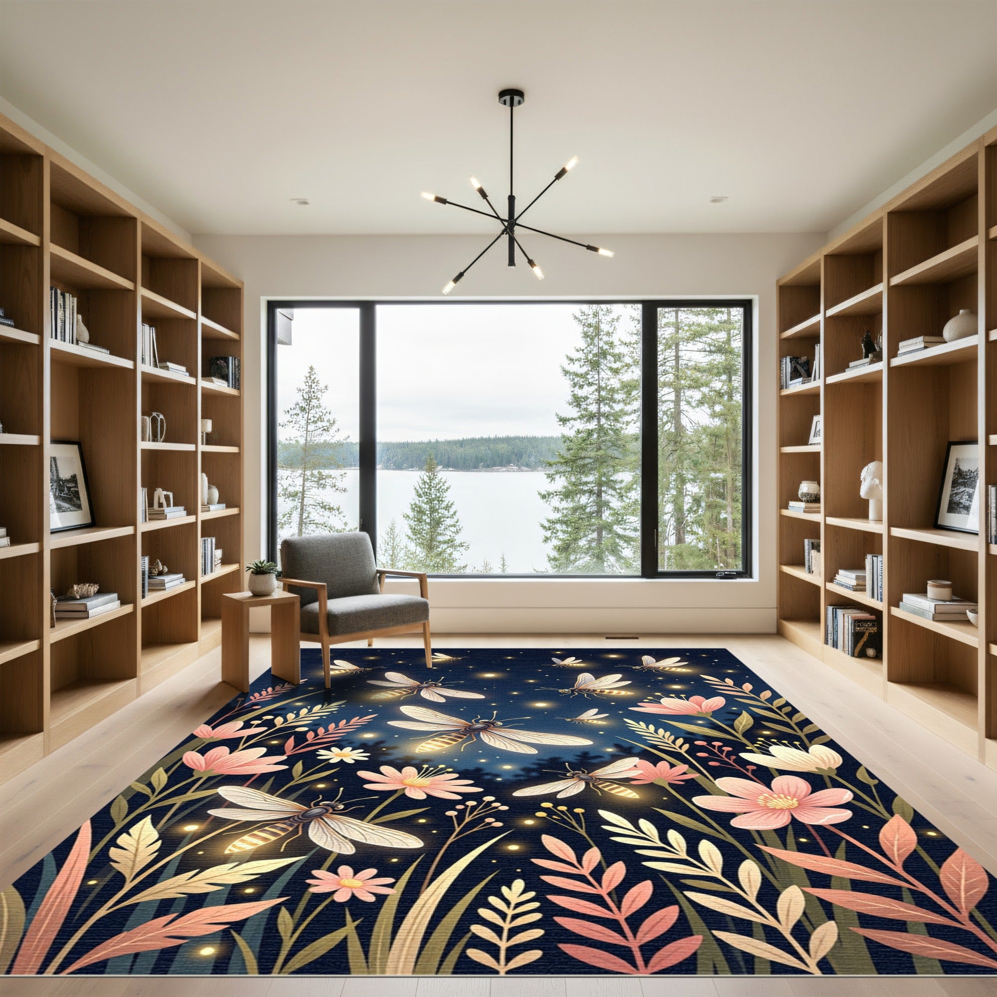 Luminous Firefly and Glowing Floral Field Rug
