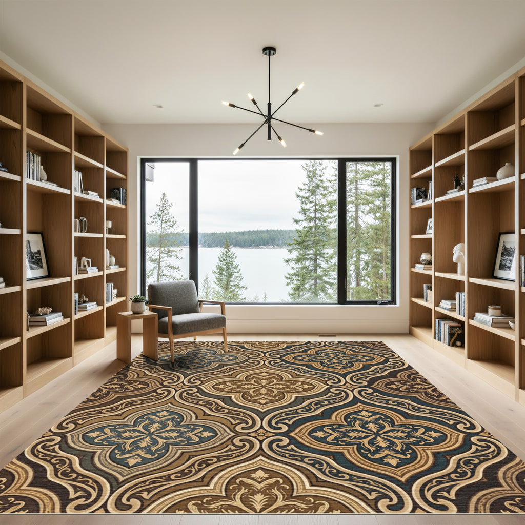 Dark Teal Gold Ornate Damask Scroll Rug