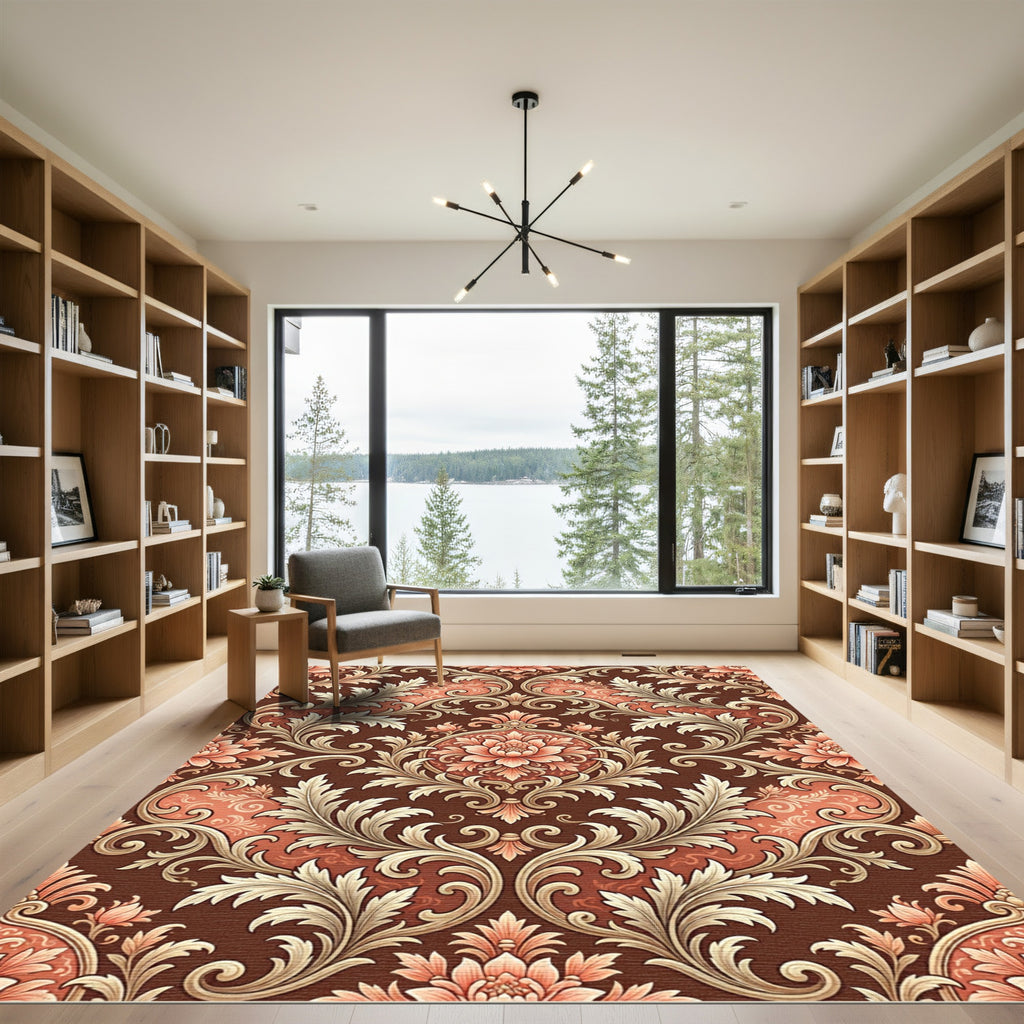 Ornate Coral Floral Scrollwork Rich Brown Rug