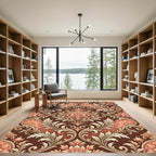 Ornate Coral Floral Scrollwork Rich Brown Rug