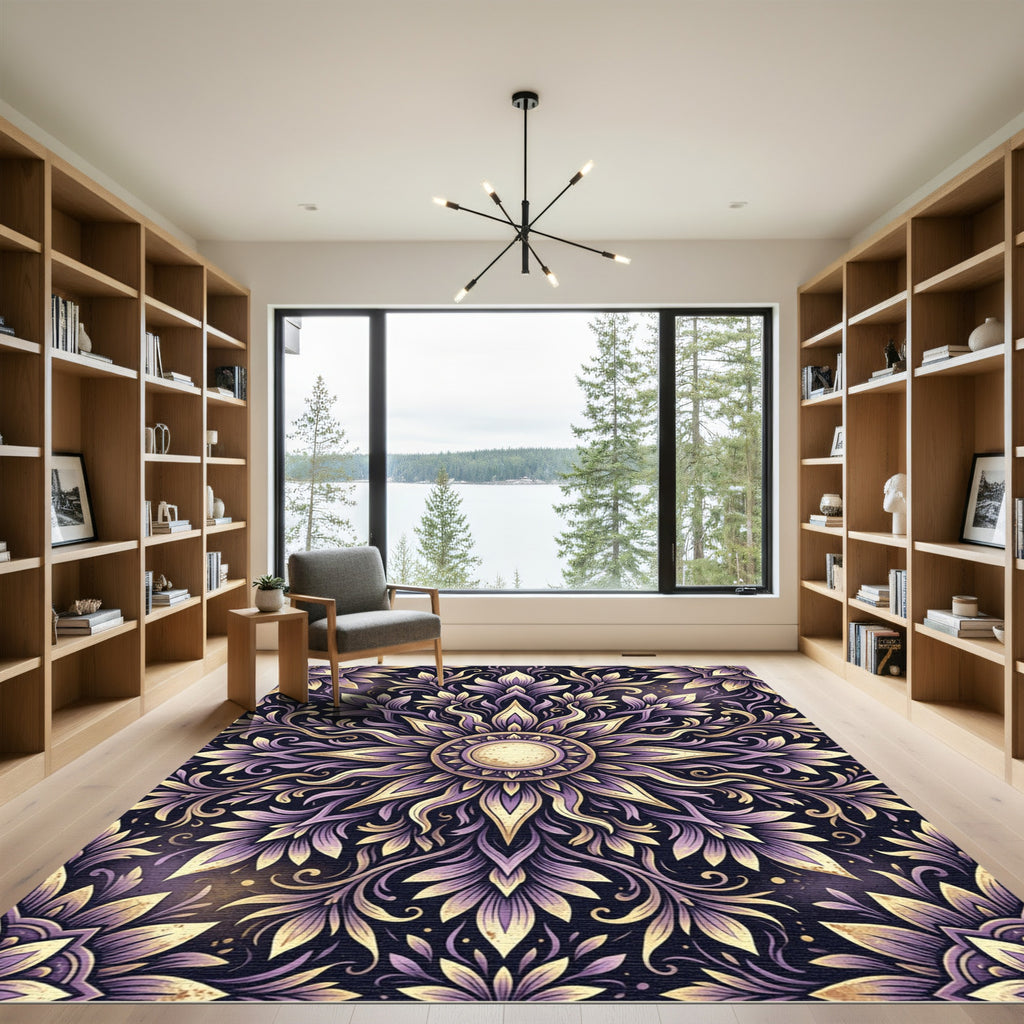 Radiant Amethyst Gold Floral Mandala Rug