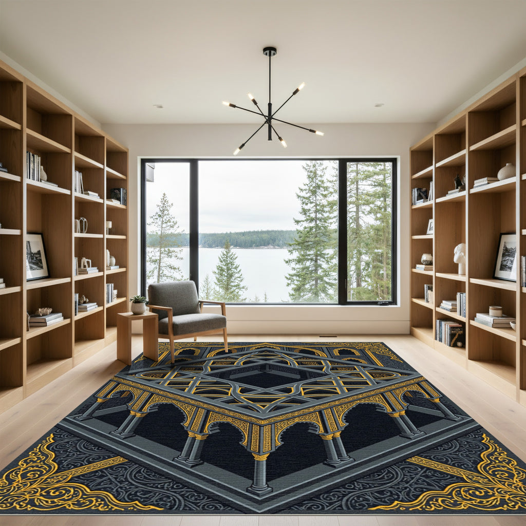 Isometric Golden Lattice Gray Archway Rug