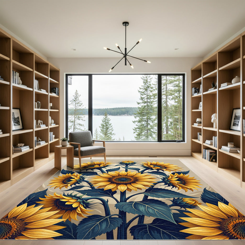Vibrant Golden Sunflower Floral Illustration Rug