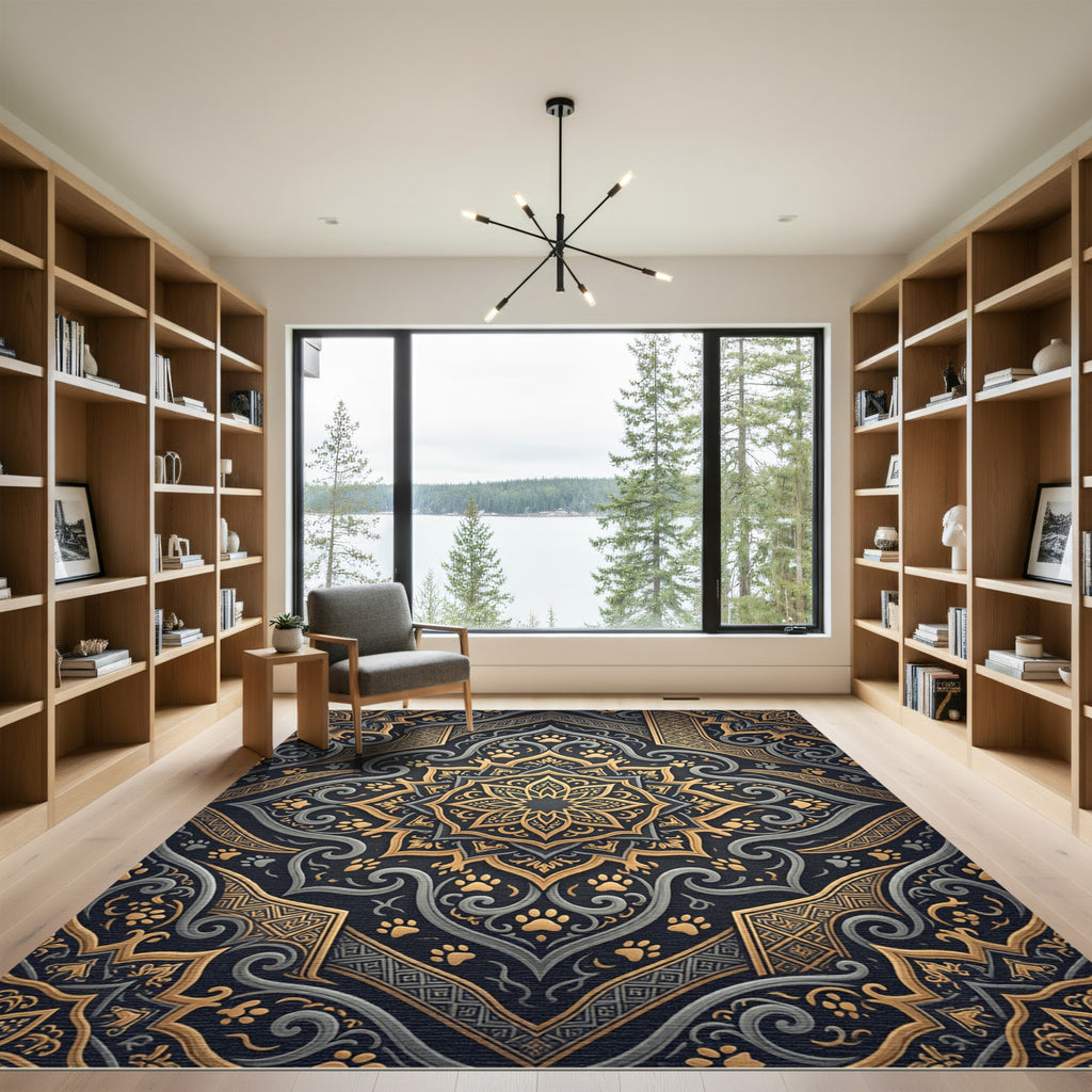 Ornate Golden Paw Medallion Midnight Tapestry Rug