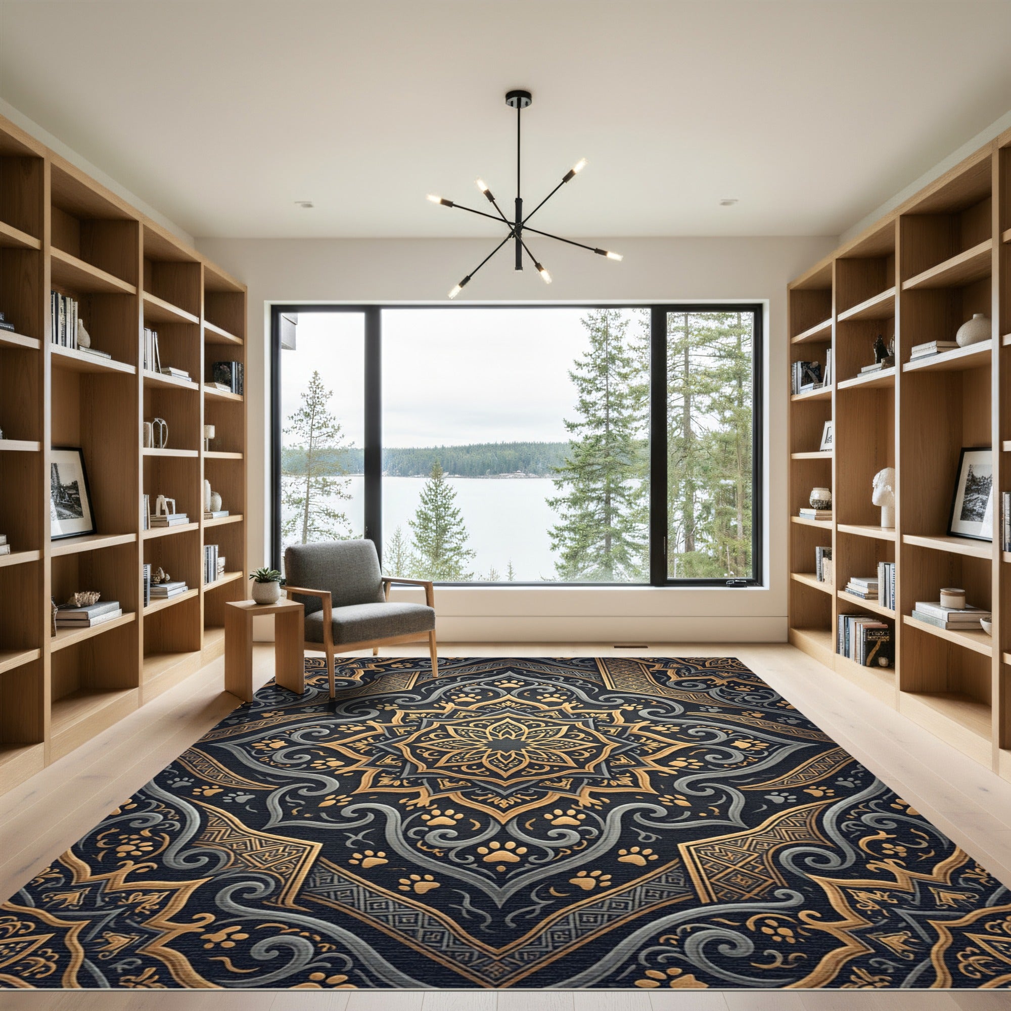 Ornate Golden Paw Medallion Midnight Tapestry Rug