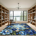 Elegant Deep Blue Peony Botanical Frame Rug