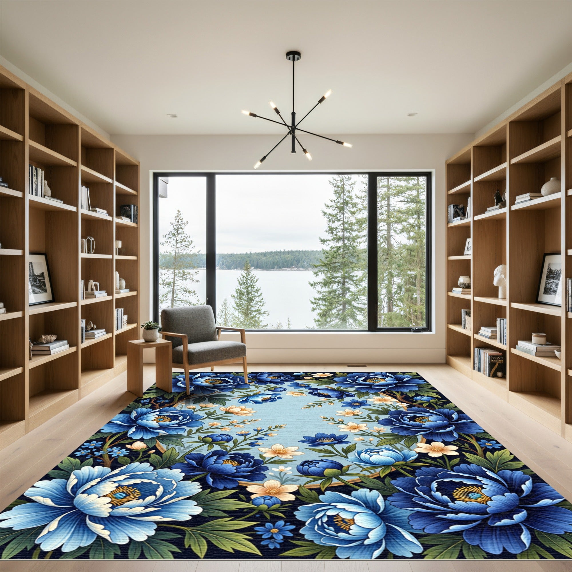 Elegant Deep Blue Peony Botanical Frame Rug