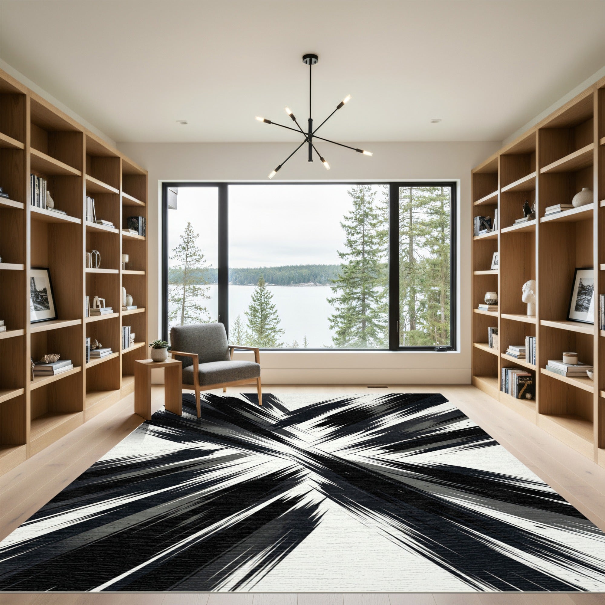 Monochromatic Abstract Black and White Radiant Sweep Rug