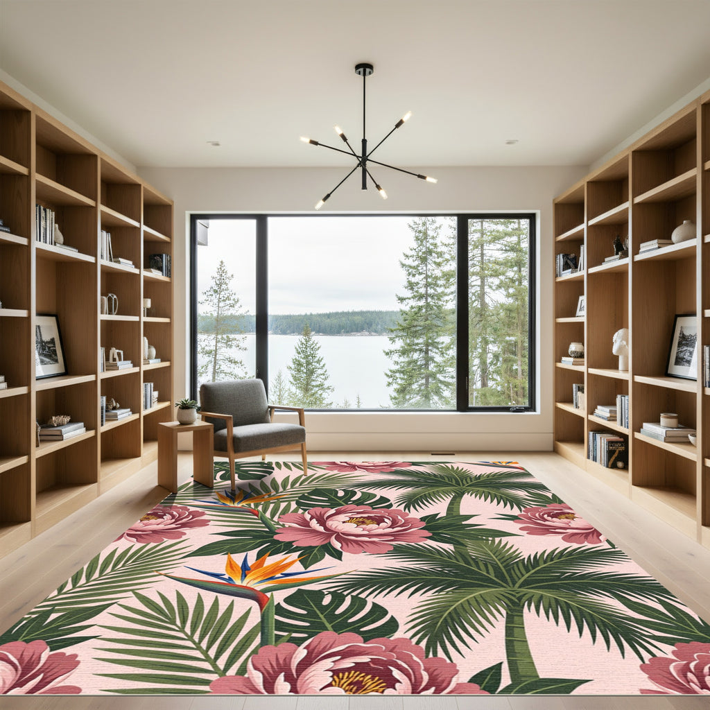 Blush Tropical Peony and Palm Leaf Rug