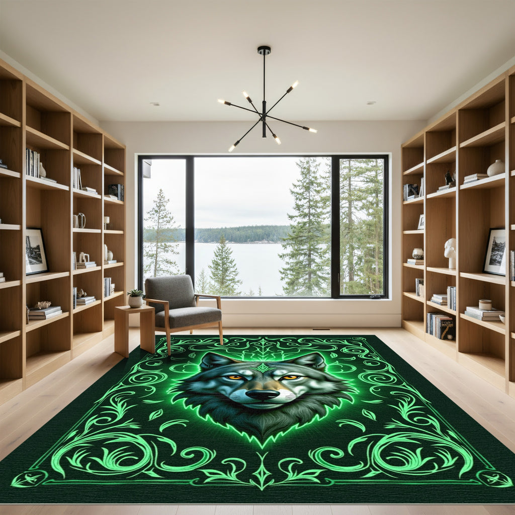 Emerald Neon Wolf Ornate Frame Rug