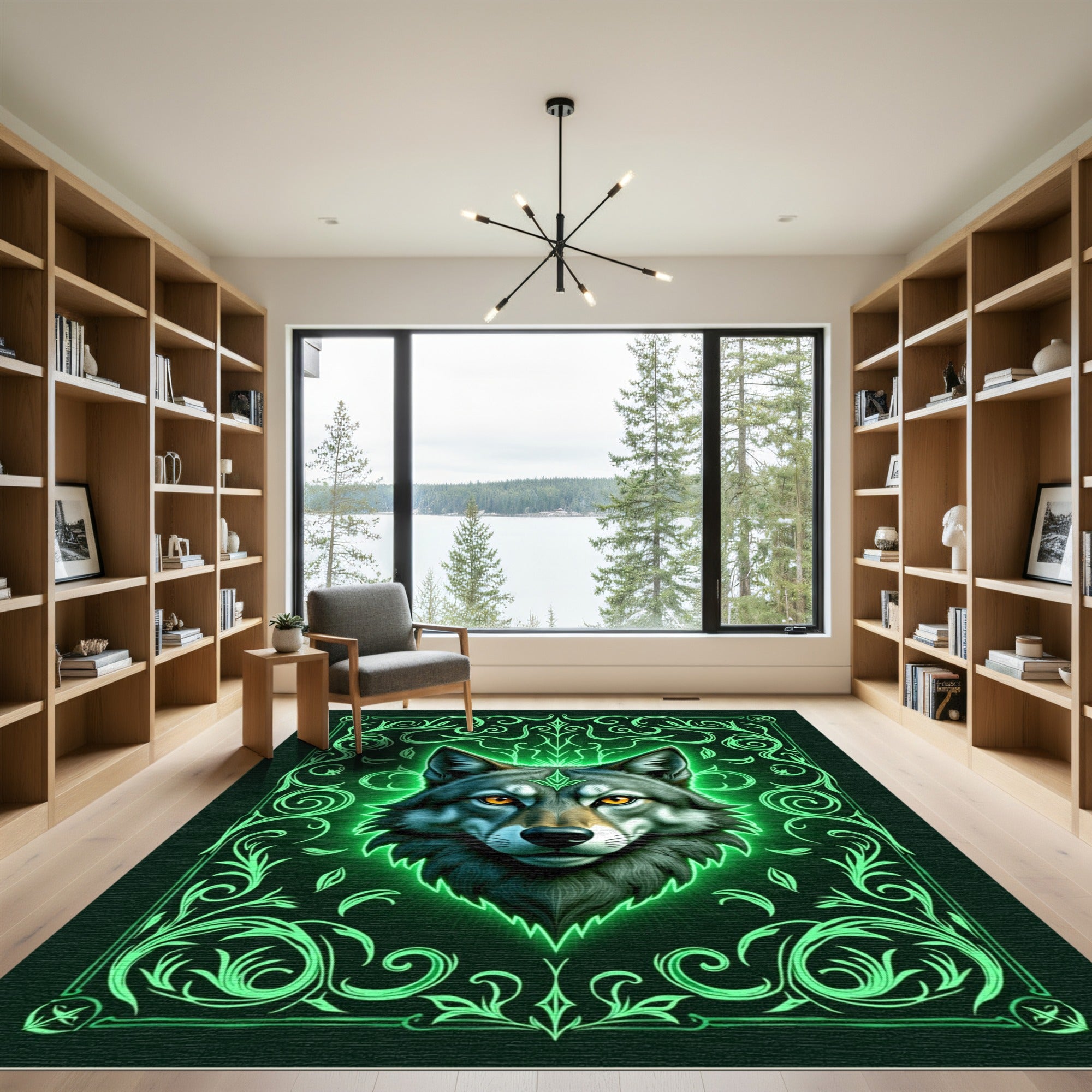 Emerald Neon Wolf Ornate Frame Rug