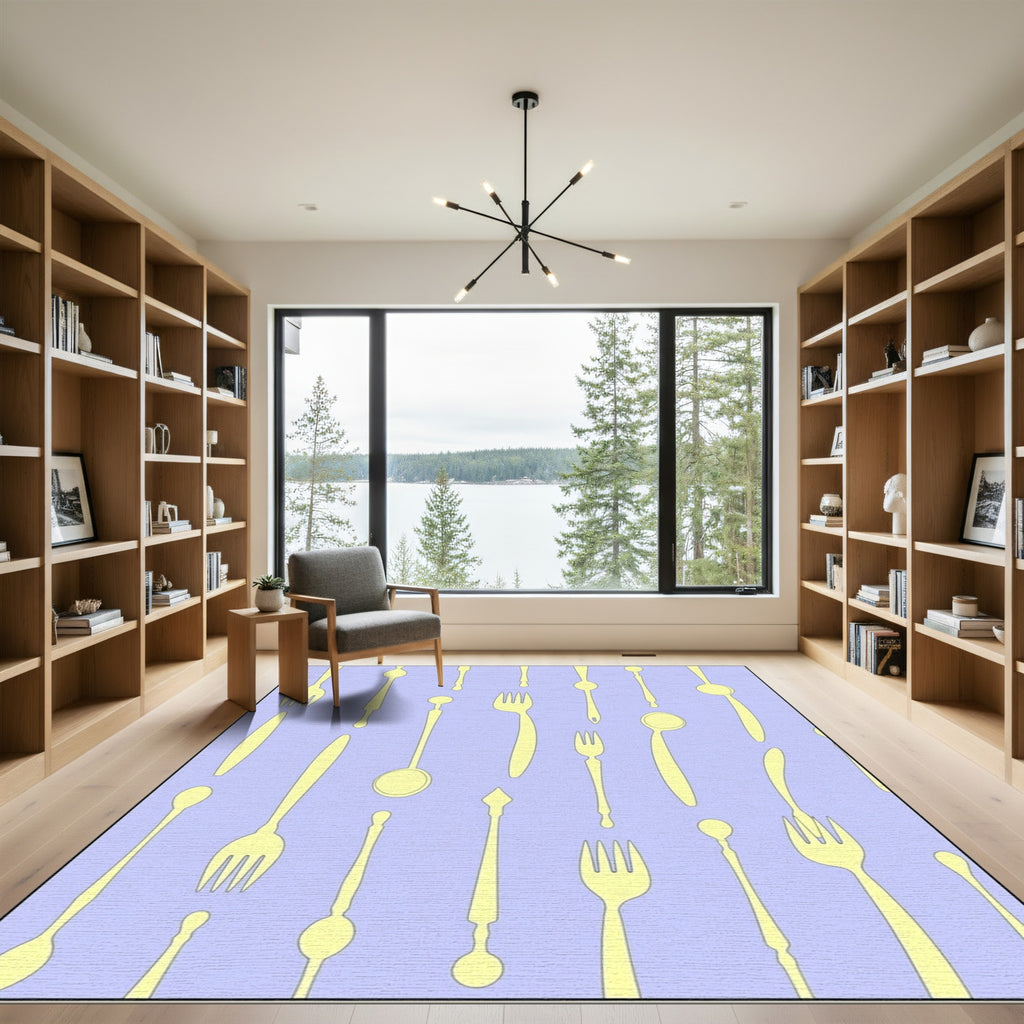 Yellow Cutlery Scattered Lavender Background Rug