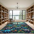 Vibrant Blue Dinosaur Jungle Landscape Rug