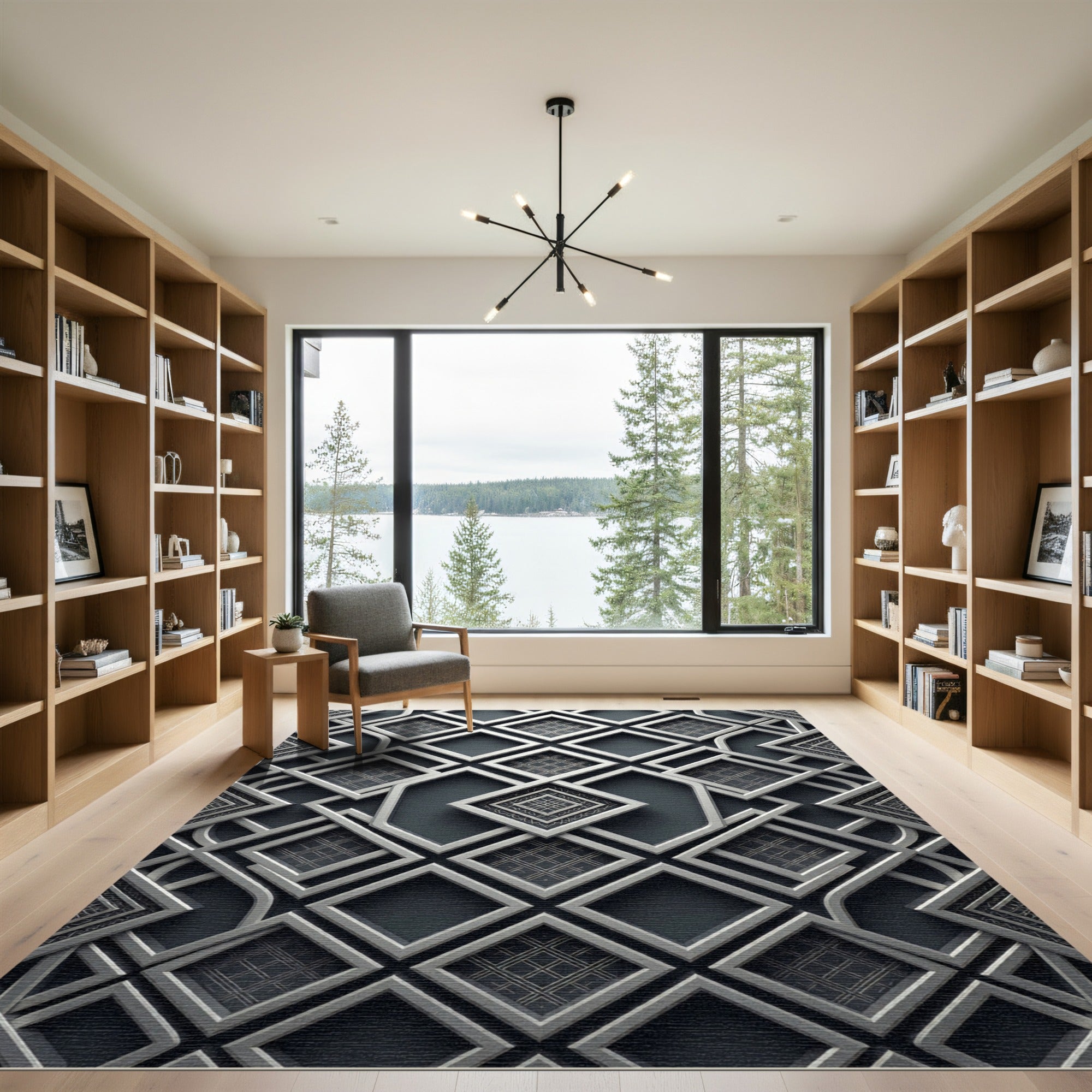 Sophisticated Charcoal Silver Geometric Lattice Rug