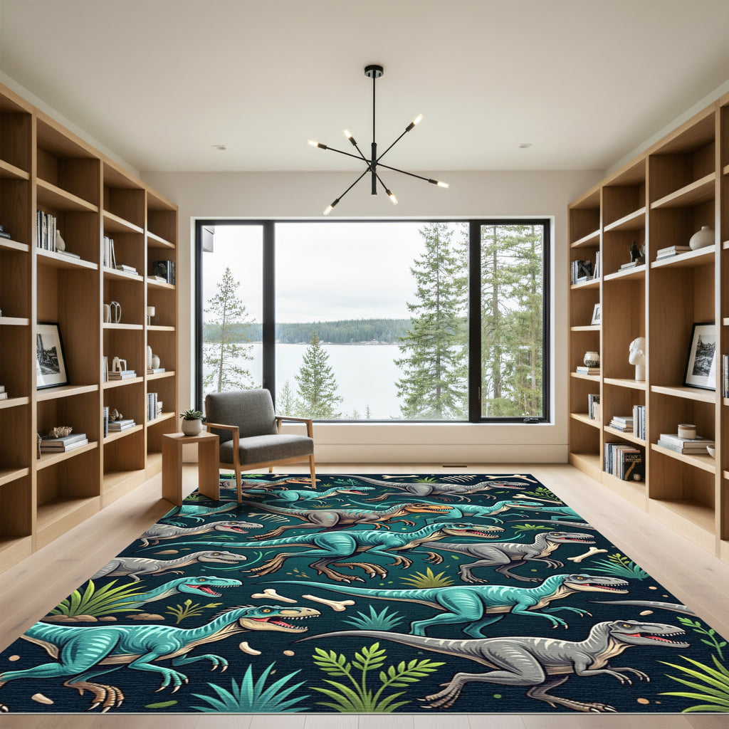 Teal Jurassic Dinosaur Jungle Landscape Rug