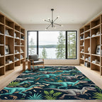 Teal Jurassic Dinosaur Jungle Landscape Rug