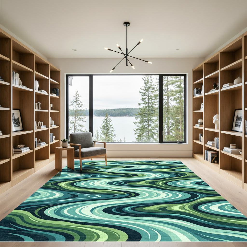 Green Teal Wavy Landscape Flow Rug