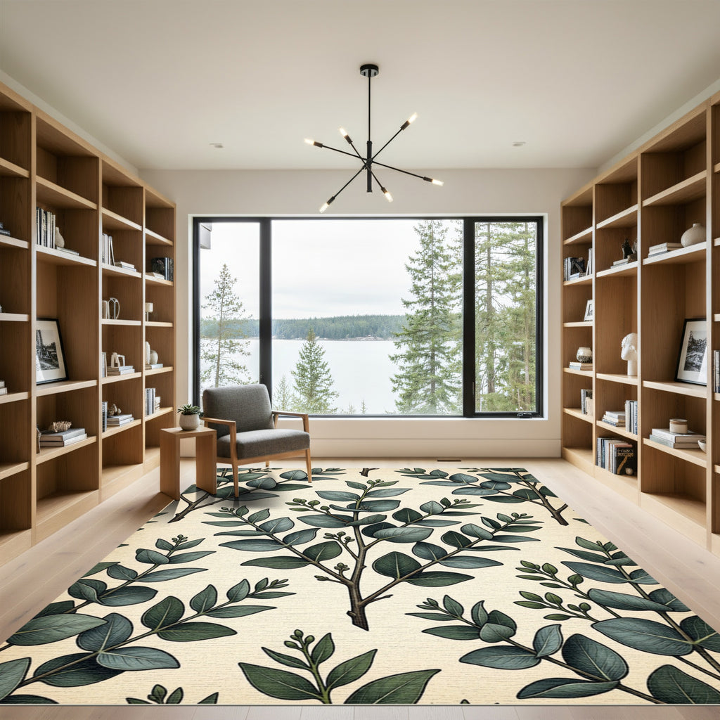Earthy Green Eucalyptus Branch Botanical Rug