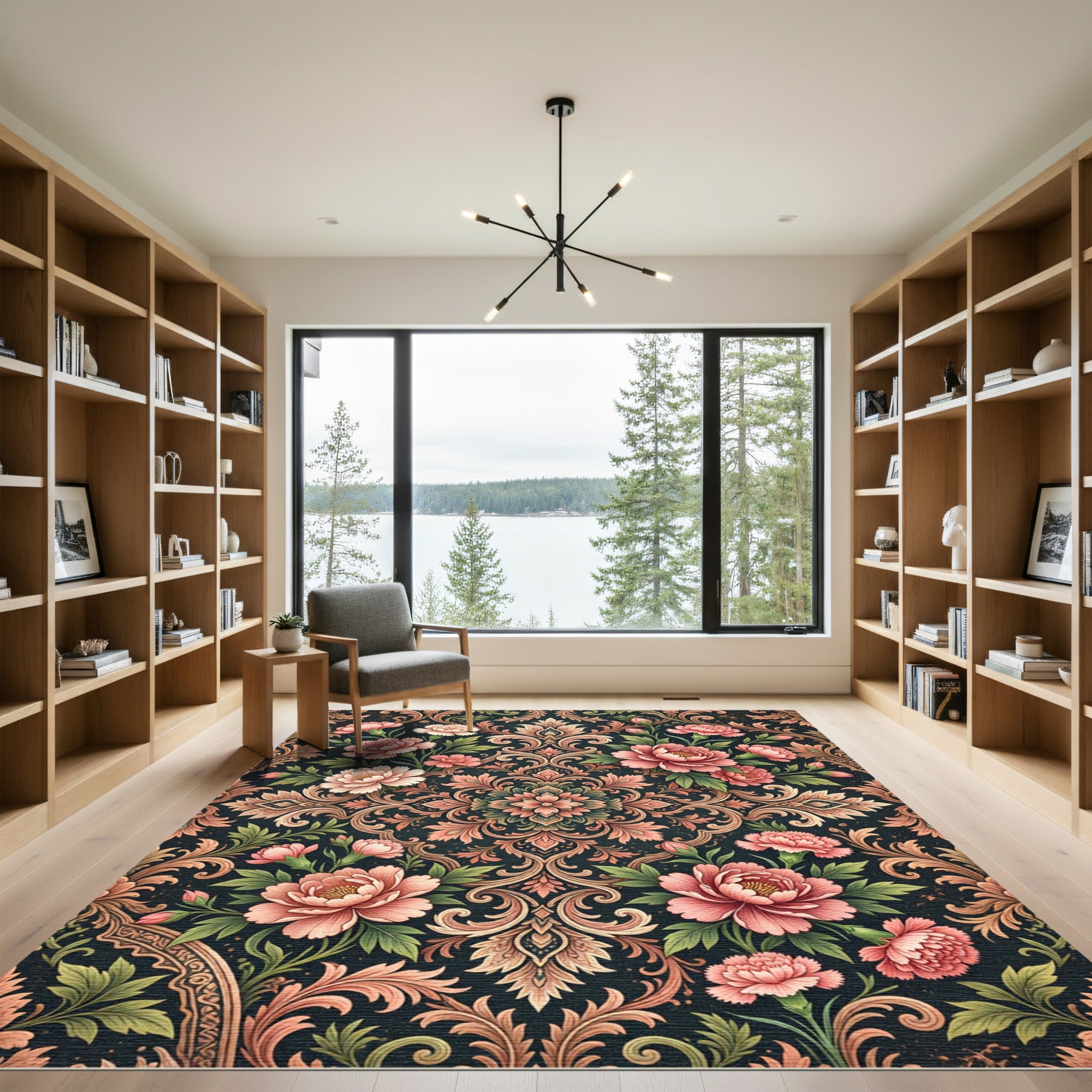 Dark Peony Floral Scrolling Medallion Rug