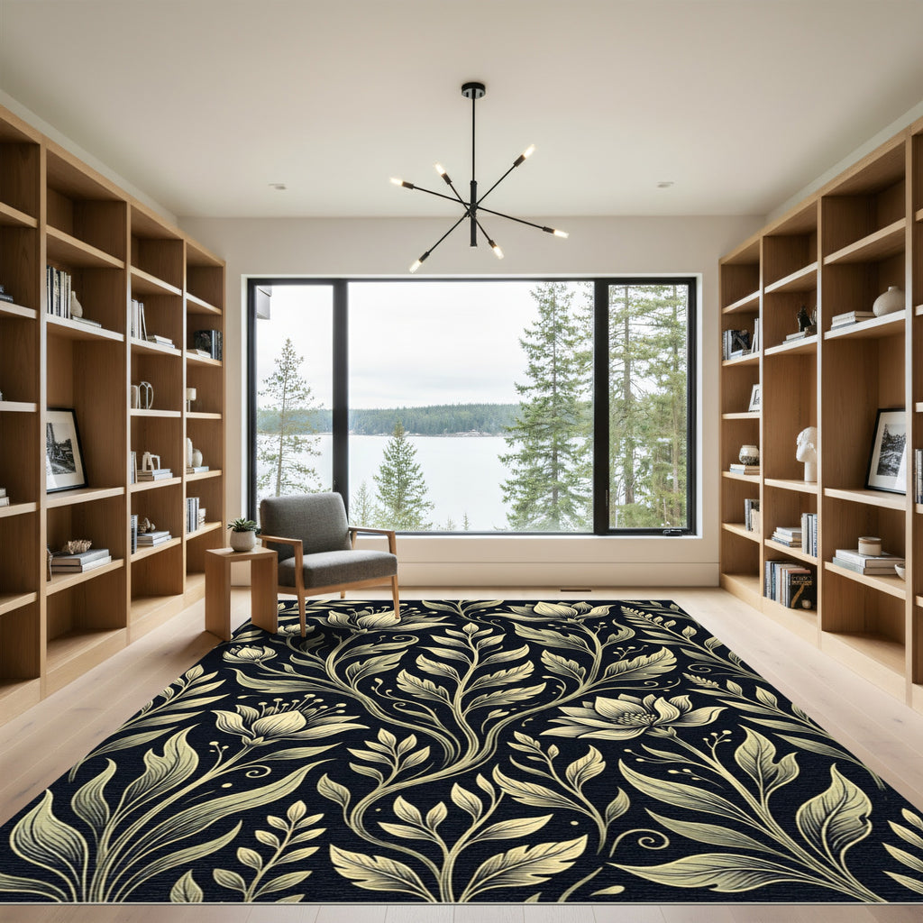 Elegant Gold Floral Botanical Silhouette Rug