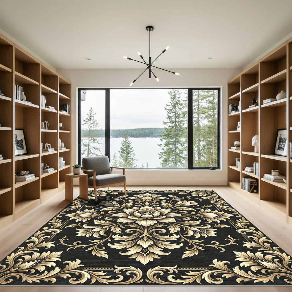 Elegant Gold Damask Black Floral Medallion Rug