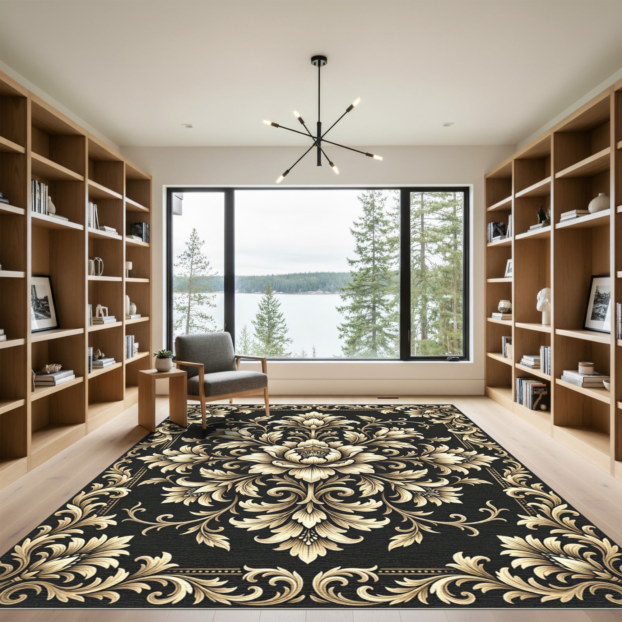 Elegant Gold Damask Black Floral Medallion Rug