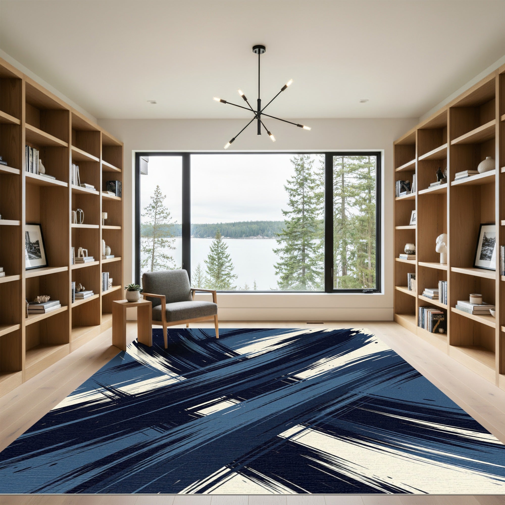 Modern Navy Blue Abstract Brushstroke Rug