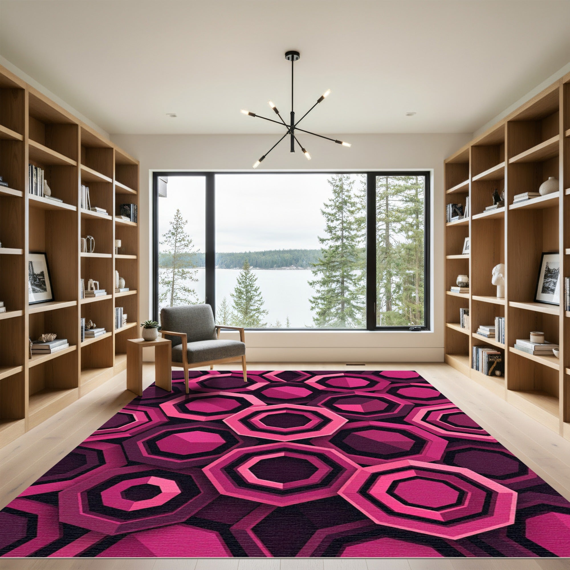 Vibrant Magenta Geometric Hexagon Layered Art Rug