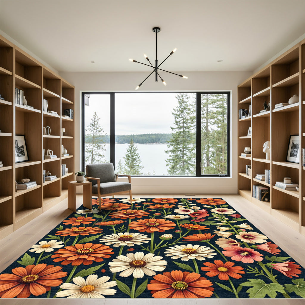Autumnal Orange and White Meadow Floral Rug
