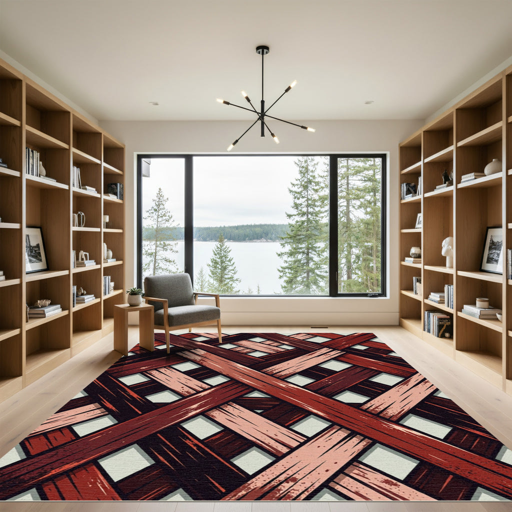 Interwoven Crimson and Blush Diagonal Lattice Rug