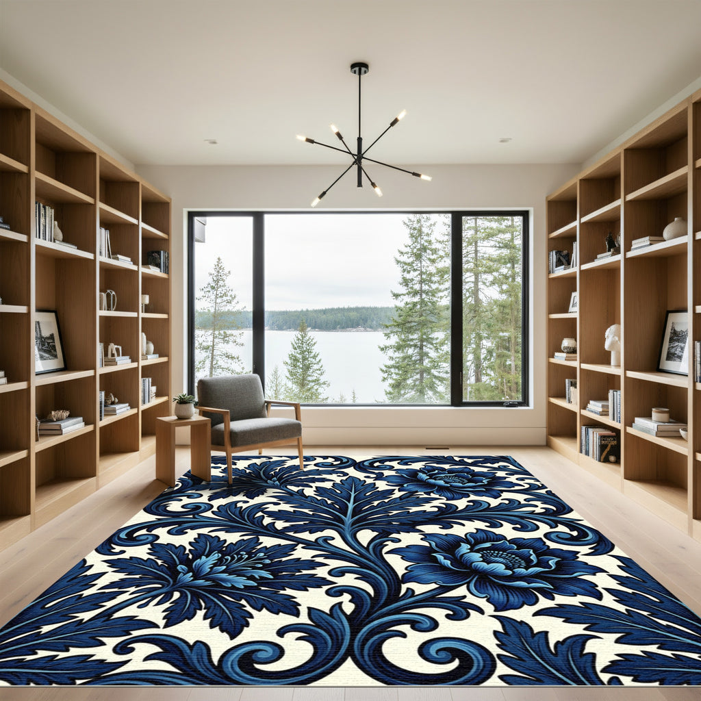 Deep Blue Victorian Floral Scroll Rug