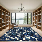 Deep Blue Victorian Floral Scroll Rug