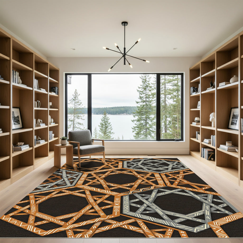 Copper and Silver Geometric Hexagon Rug