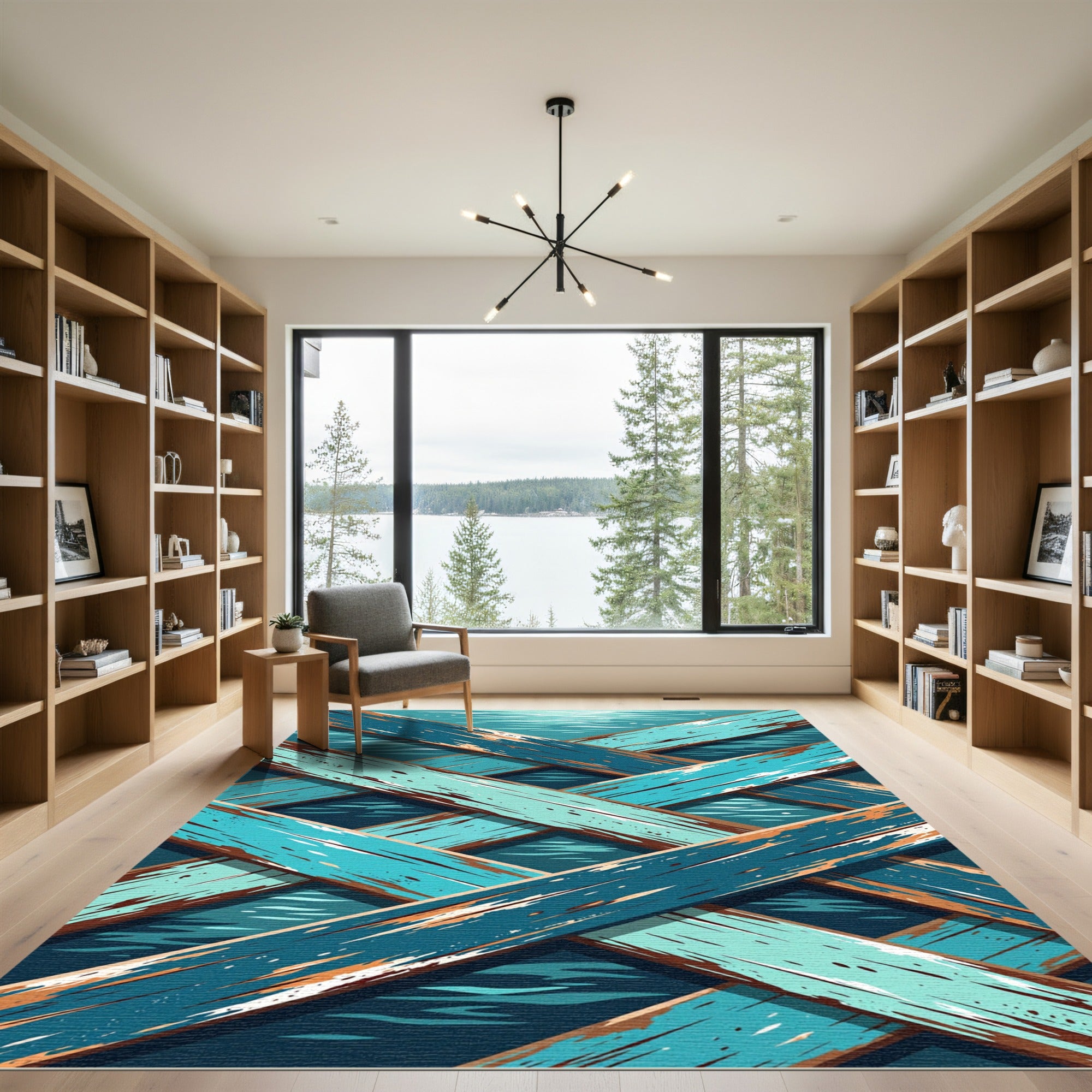 Abstract Blue Intersecting Wood Plank Art Rug