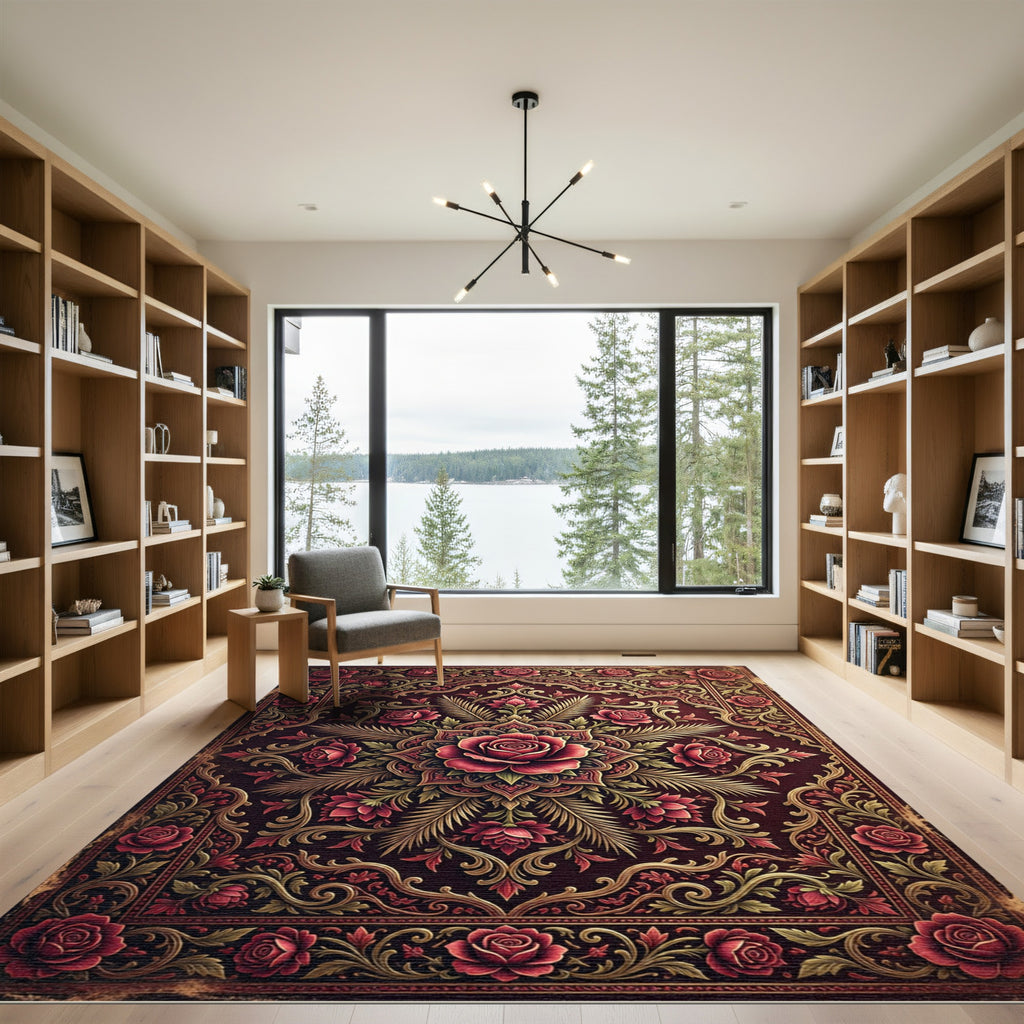 Ornate Burgundy Rose Floral Medallion Rug