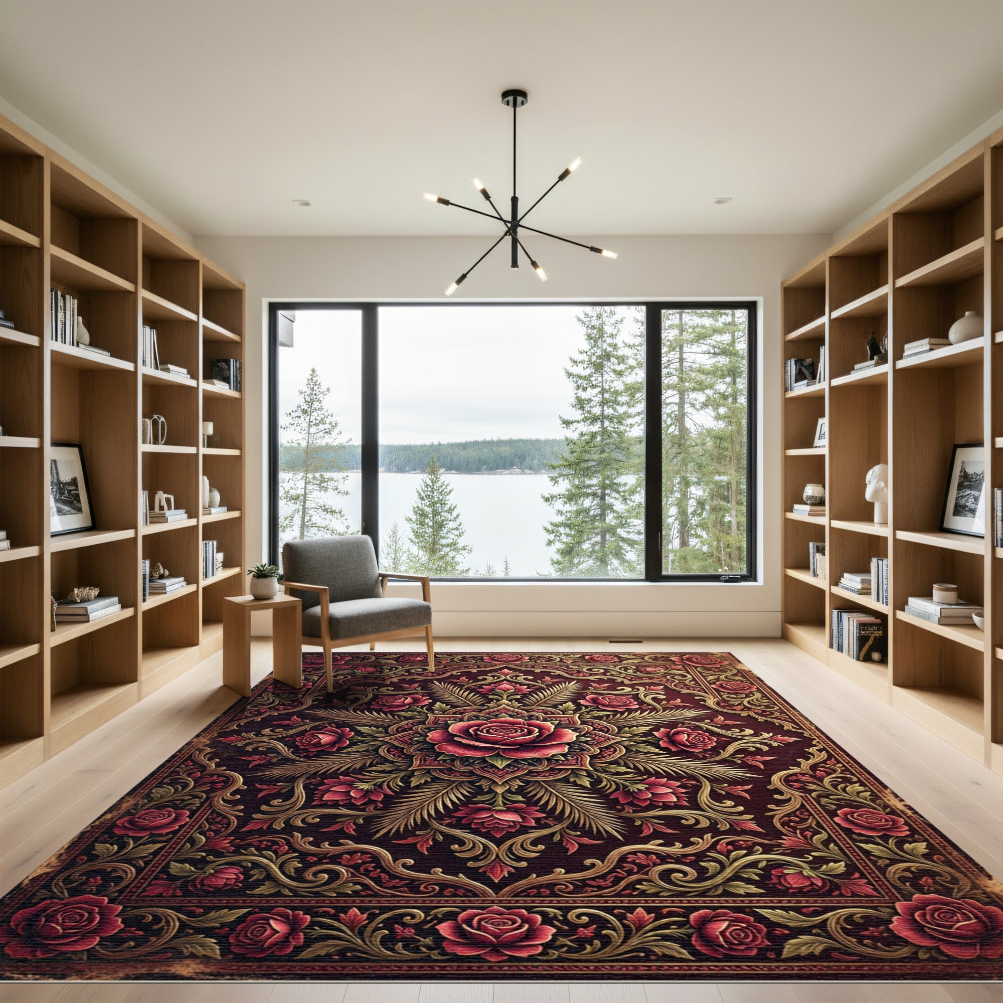 Ornate Burgundy Rose Floral Medallion Rug