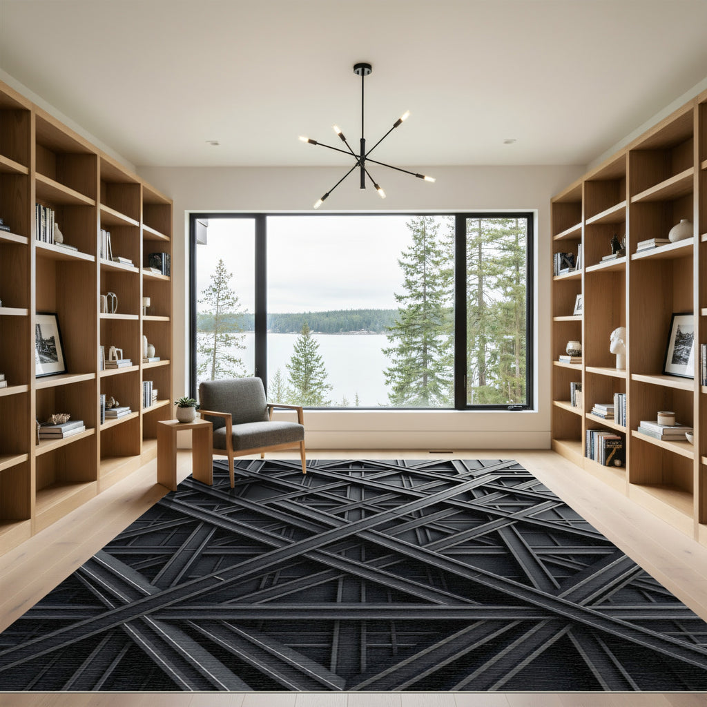 Industrial Matte Charcoal Geometric Grid Rug