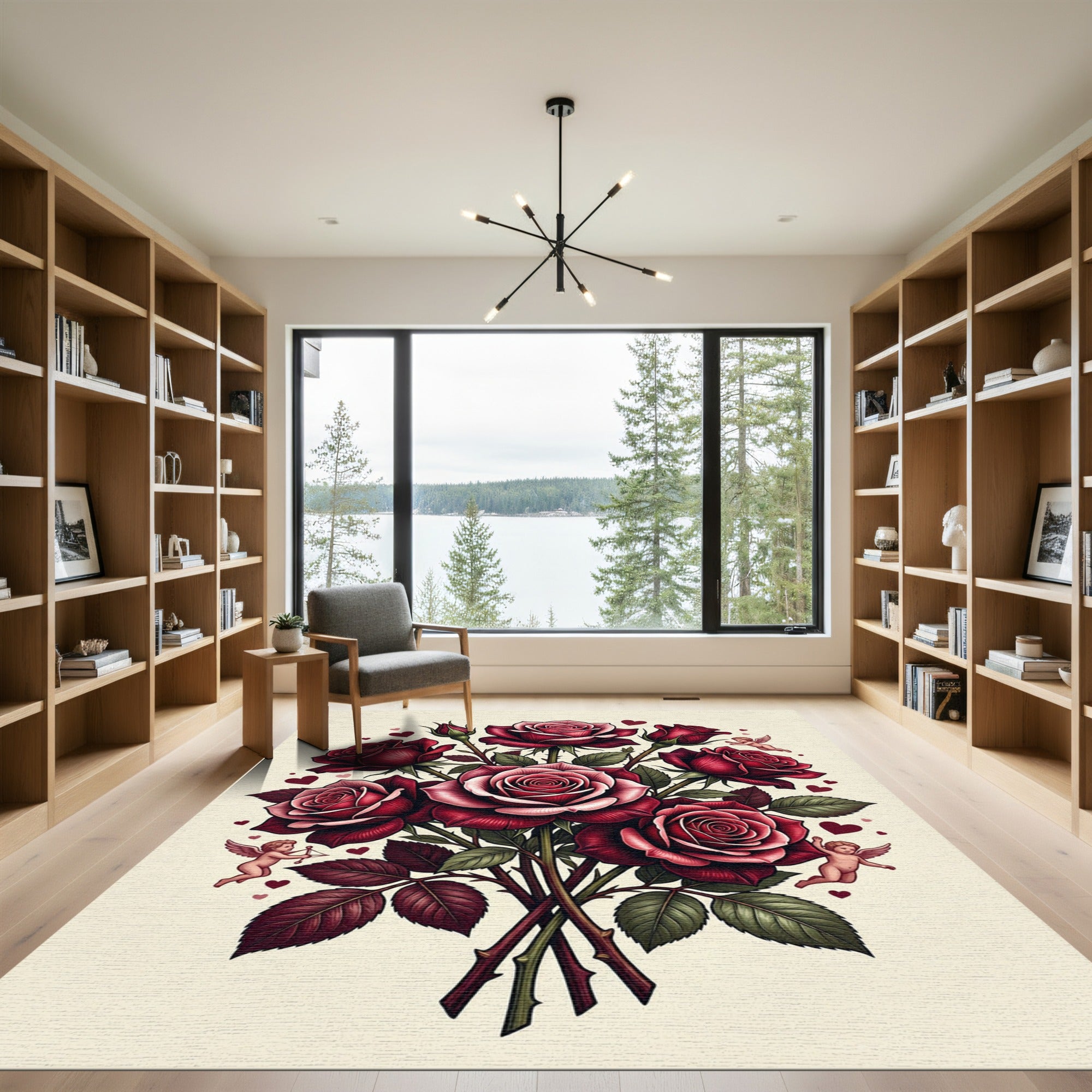 Crimson Rose Bouquet Cherub Hearts Rug